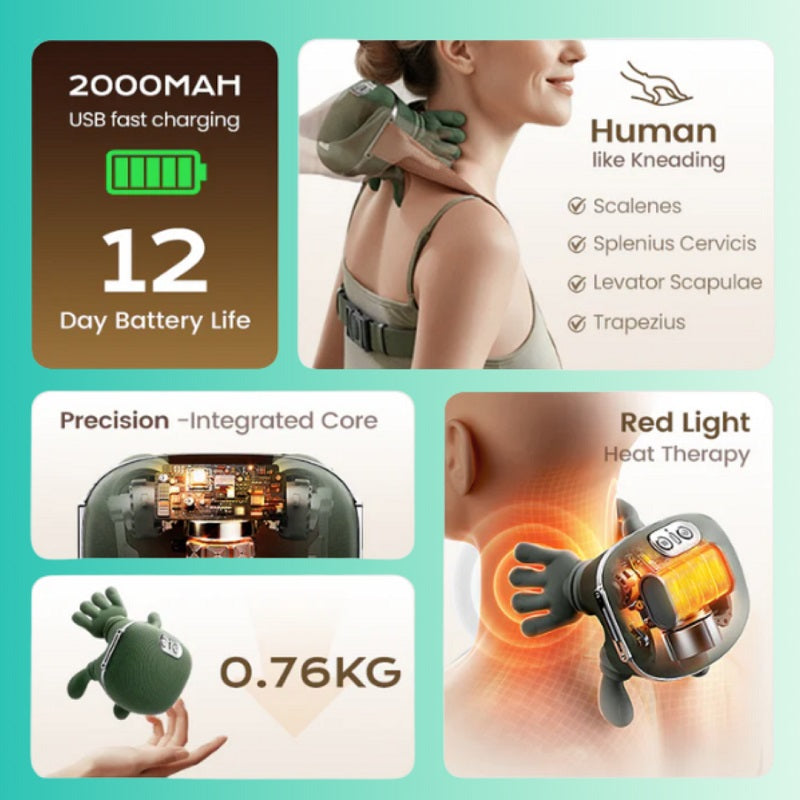 Neck massager with features highlighted on a green background