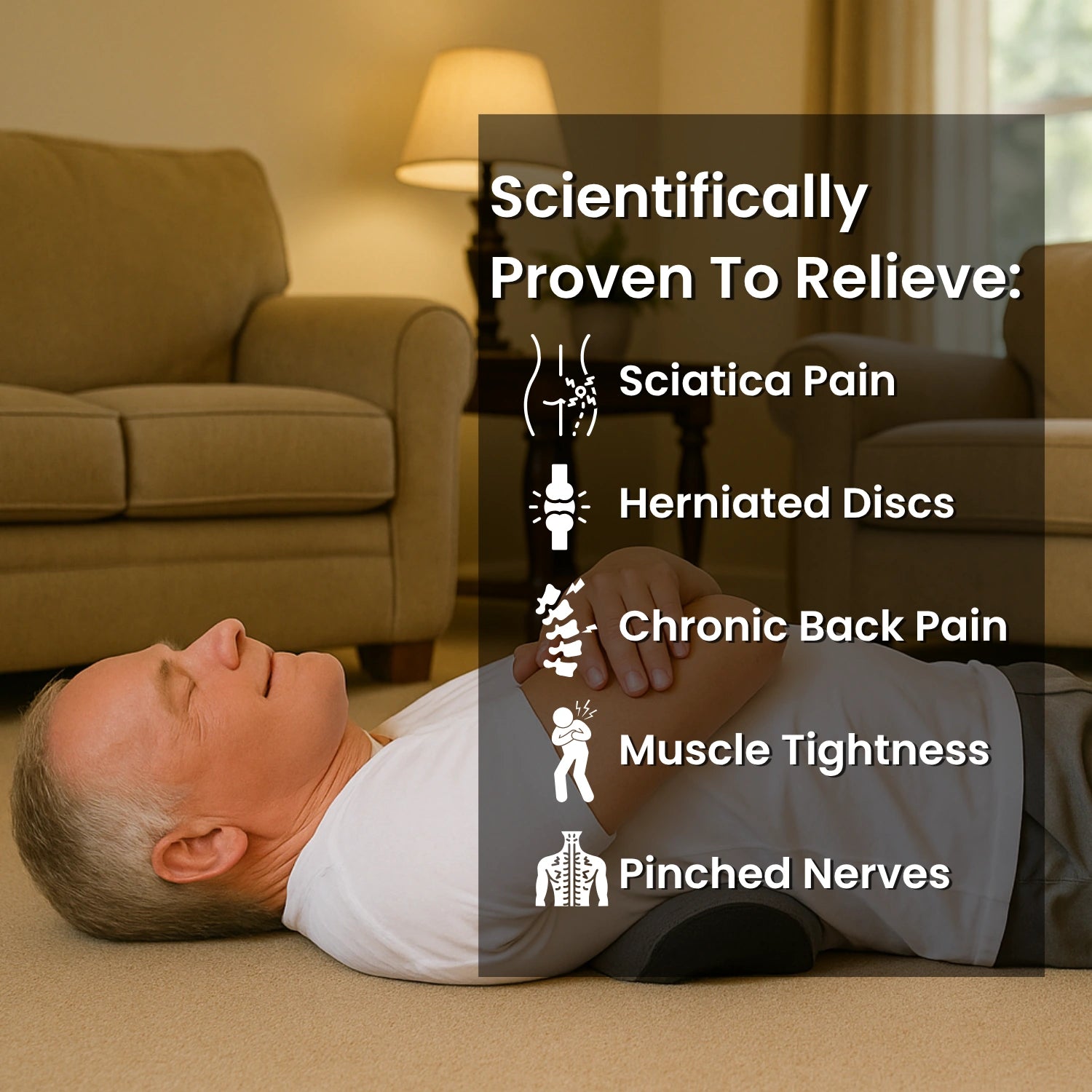 Man lying on a couch with text overlay about pain relief methods.