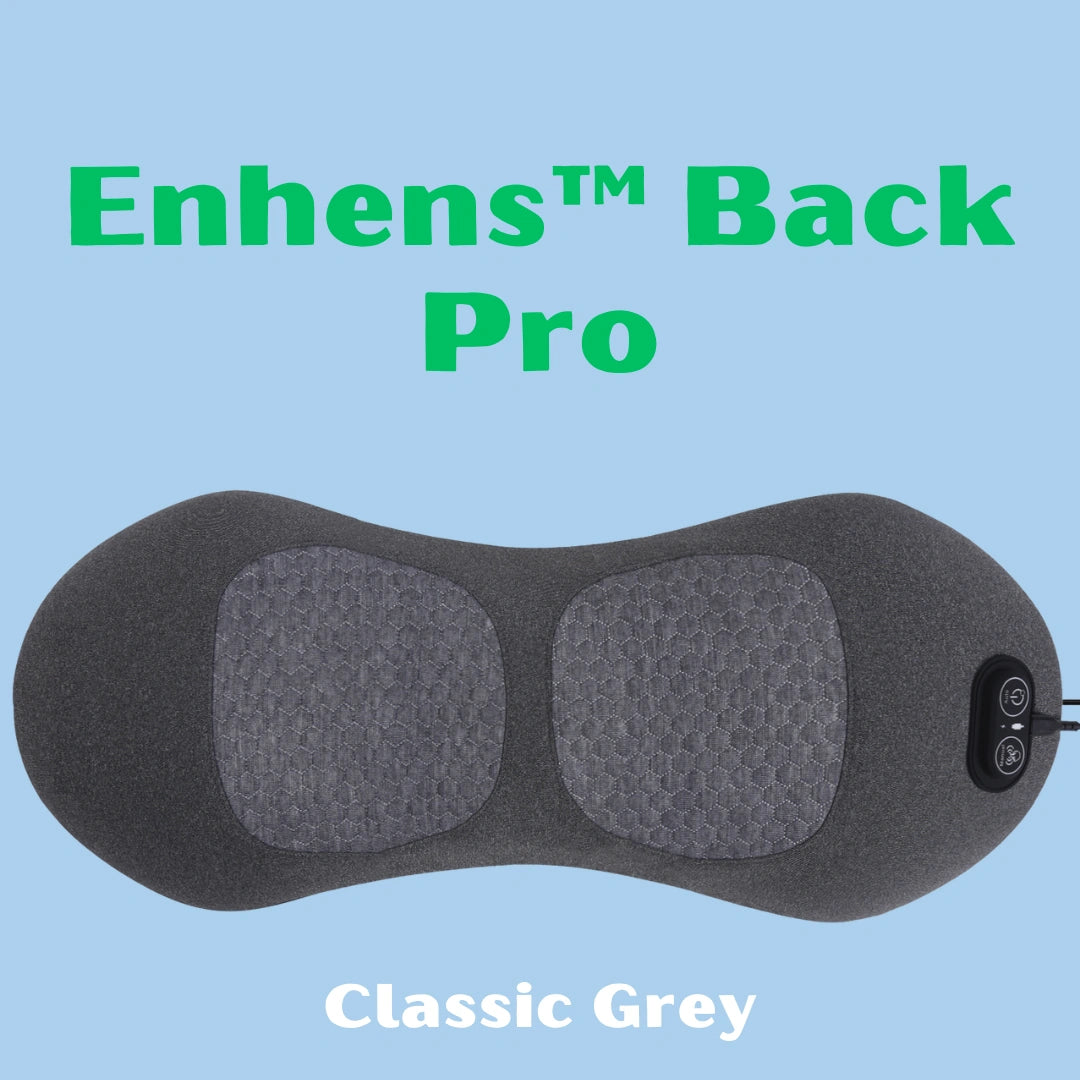 Back massager with 'Enhens Back Pro' branding on a blue background