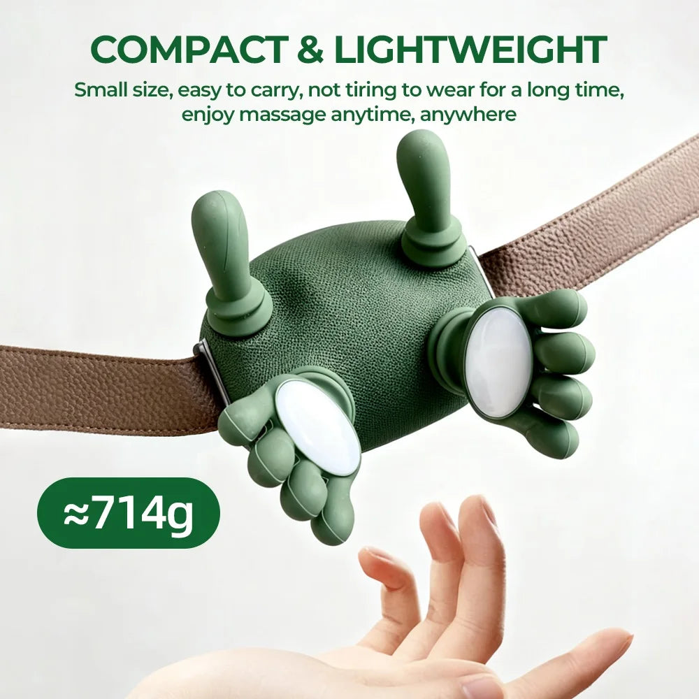 Green massage device on a belt with text highlighting its compact and lightweight nature.