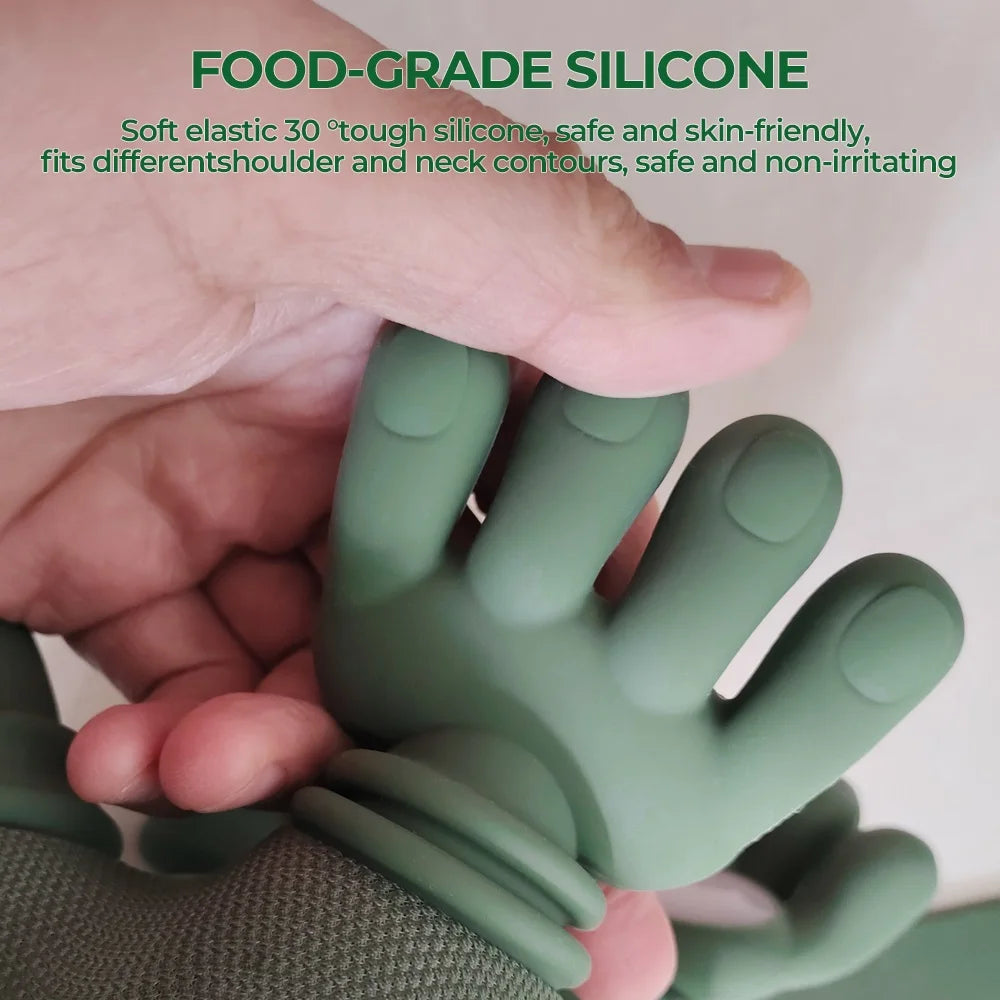 Green silicone glove held by a hand with text about food-grade silicone properties.