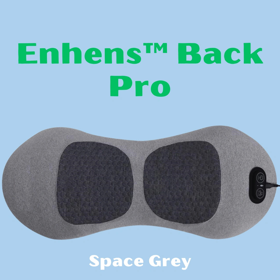 Space grey massage device with 'Enhens Back Pro' text on a light blue background