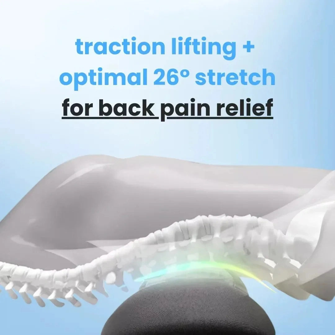 Spinal model with text about traction lifting and stretch for back pain relief on a blue background