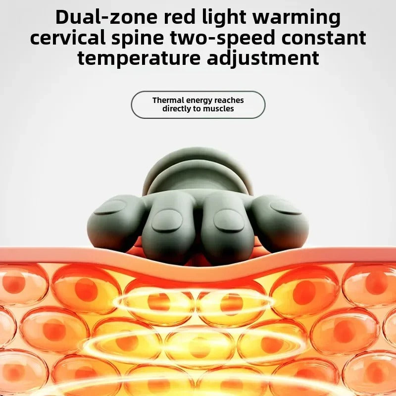 Product with text describing dual-zone red light warming cervical spine therapy device.