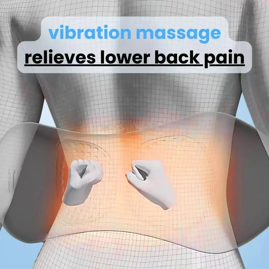 Illustration of a person receiving a vibration massage on their lower back with text indicating relief from lower back pain.